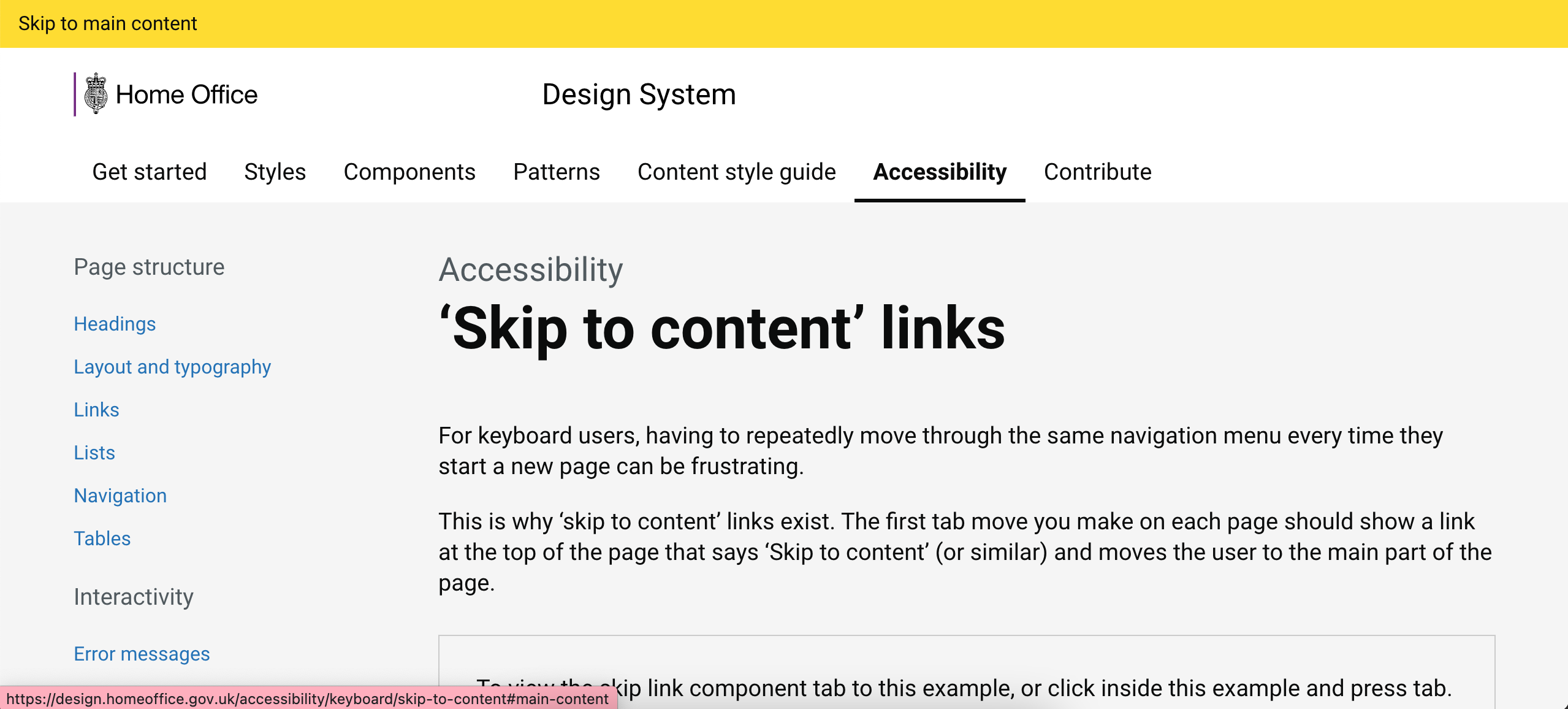 Website with skip link button