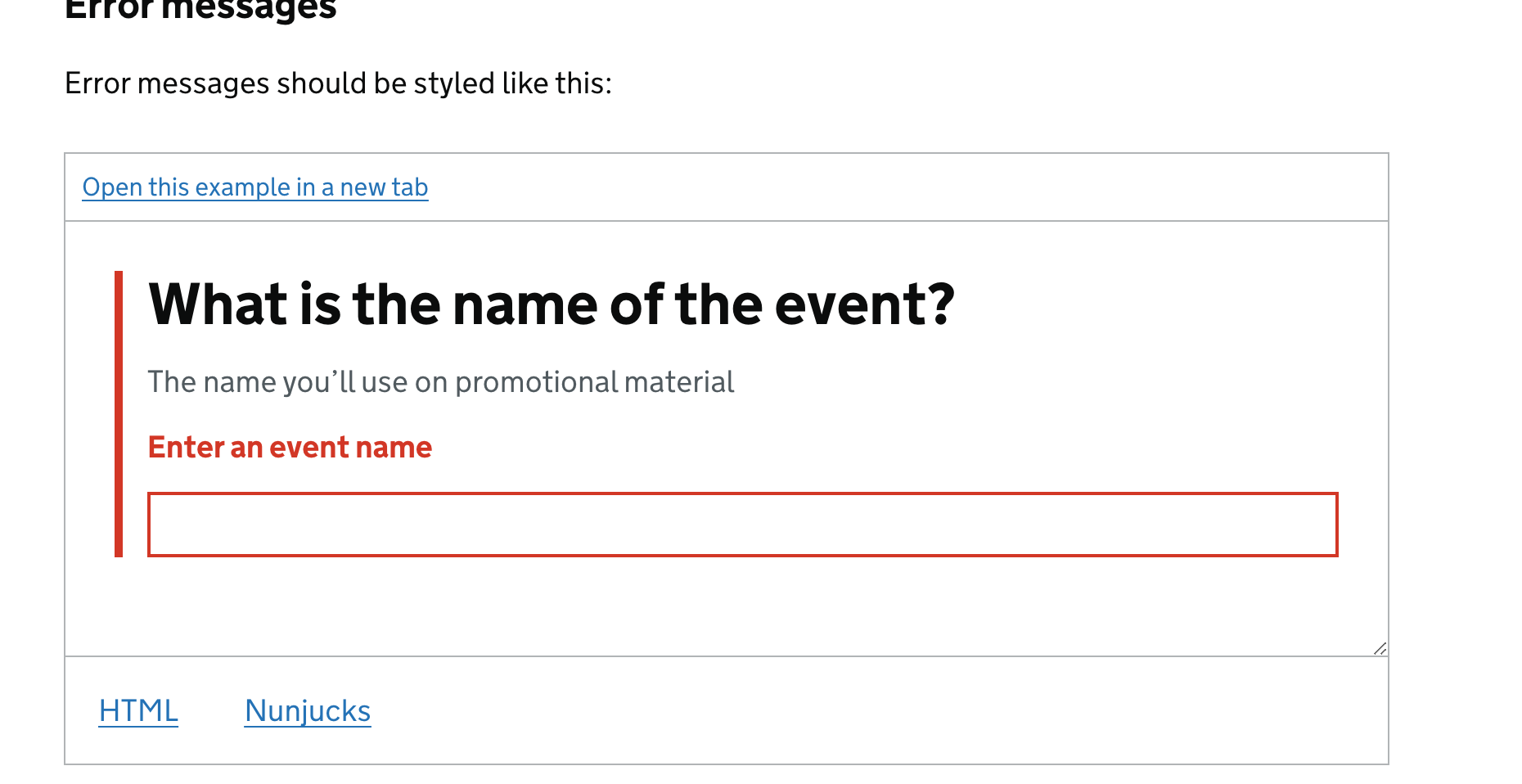 GDS form with error message